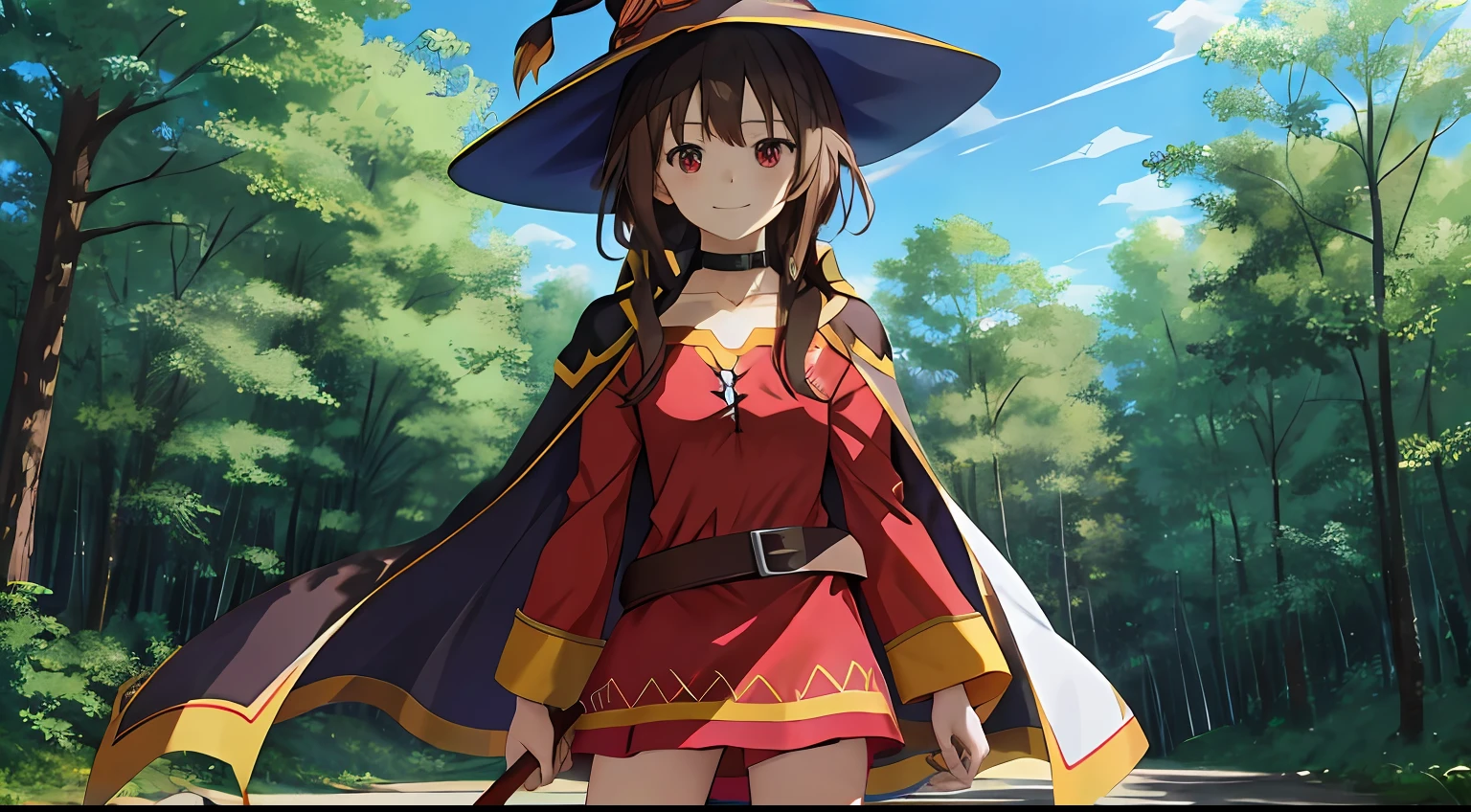 anime screencap, forest,nature,dirt path,blue sky,
1girl, solo, red eyes, bandaged leg, single thighhigh, red dress, belt, bare shoulders, brown hair, short hair with long locks,collar, closed mouth, collarbone, choker, standing, asymmetrical legwear, cowboy shot, long sleeves, mismatched legwear,standing,smile,looking at viewer, cape, witch hat, holding staff, staff,