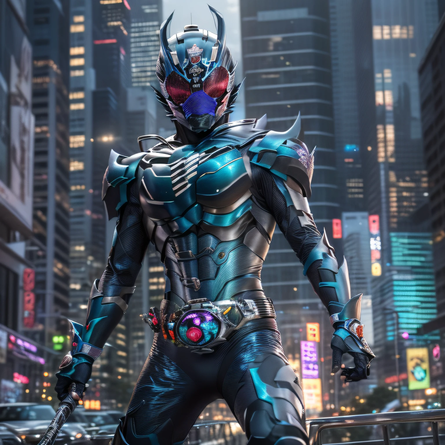 (8K、CRUDO、proffesional、de primera calidad)、(realisitic、Fotorrealista:1.2)、(cara con mayor detalle:1.2)、iluminación frontal、Una sombra oscura amenazaba la ciudad。Kamen Rider Azul_luna。Cuerpo metálico con plata blanca brillando sobre azul profundo.、Usar un cinturón de transformación、Arder con un corazón justo, Él sigue a los secuaces del mal.々fracaso。La batalla se libra、Aparece el último enemigo.。Movimiento especial(Puré de luna)en、Kamen Rider ilumina la oscuridad。