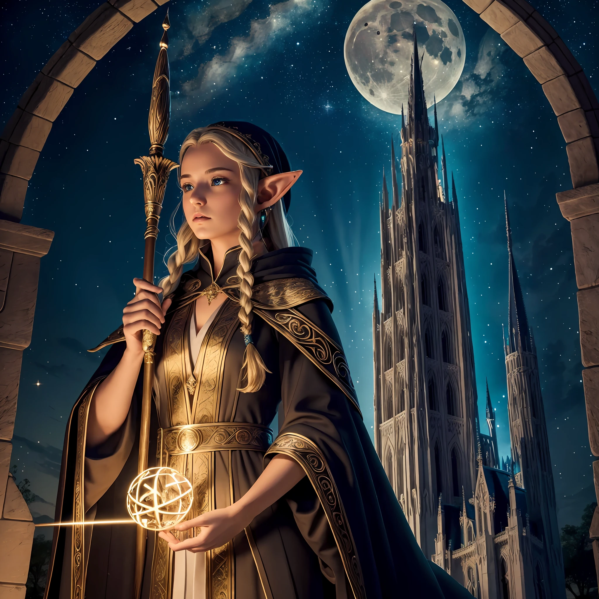 8k, ultra detailed, masterpiece, best quality, (extremely detailed), dynamic angle, anatomically correct, an ultra wide angle picture of a female elf wizard in front of a magical tower (1.5 intricate details, Masterpiece, best quality), female elf (1.5 intricate details, Masterpiece, best quality), beautiful elf, RPG elf (1.5 intricate details, Masterpiece, best quality), holding a magic staff, magical lights and patterns surrounding the wizard(1.5 intricate details, Masterpiece, best quality),  small pointed ears, blond hair, braided hair, magical tower ( 1.5, intense details, masterpiece), flowing robe, black robe with stars on it, (1.5 intricate details, Masterpiece, best quality). moon rays, stars, moon light, night time,