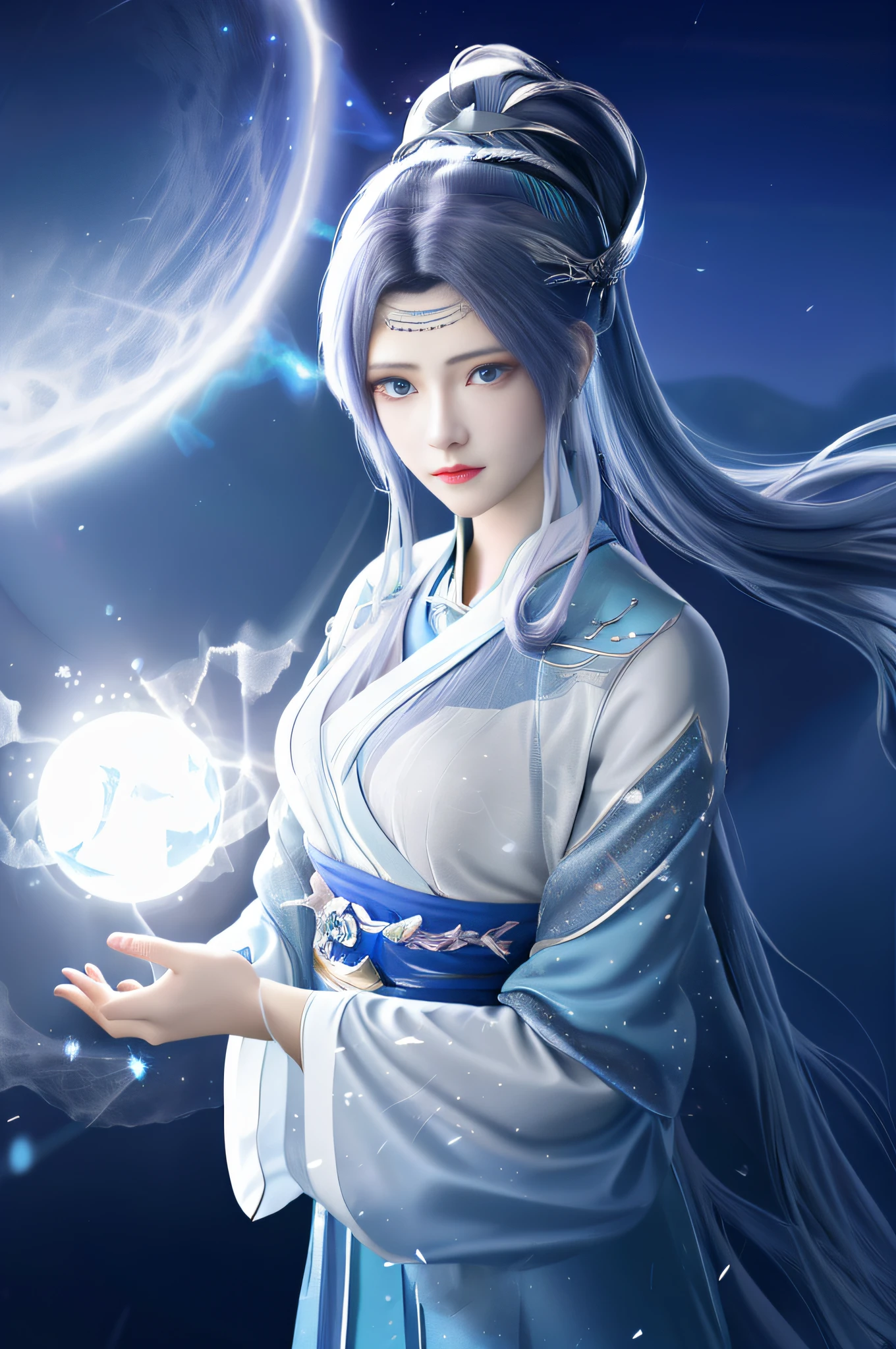 Anime girl with blue hair and white dress holding a glowing ball, Beautiful celestial mage, Palace ， A girl in Hanfu, heise jinyao, inspired by Lü Ji, inspired by Leng Mei, inspired by Xie Sun, inspired by Hua Yan, xianxia fantasy, Inspired by Ai Xuan, inspired by Li Mei-shu, lunar goddess，1girll, 独奏, Chiffon hemp, Masterpiece, illustration, Movie Angle, cinmatic lighting, whaite hair, high ponytails, eBlue eyes, Detailed eyes, Moon, Moonlight, starrysky, detailed light, Detailed sky, (lighting particle:1.5), Heavy fog, Snow, ,v4