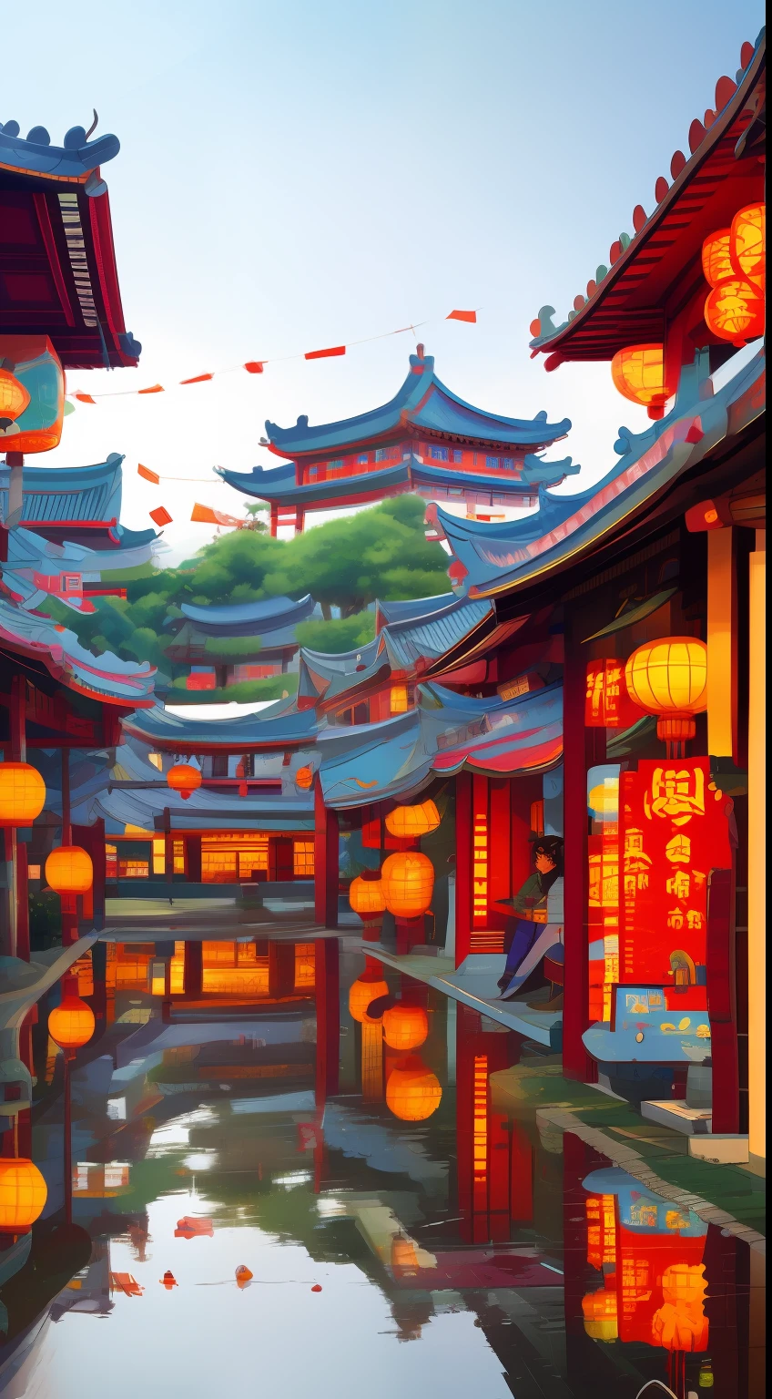 Ярко освещенный китайский город，Фантастические обои，Сюрреалистические фотографии японских городов，древняя азиатская деревня，Древний замок в стиле китайского киберпанка，Красивое здание дождливыми ночами，Красивая и романтическая фотография，Высокая детализация 8K，очень сильный дождь。