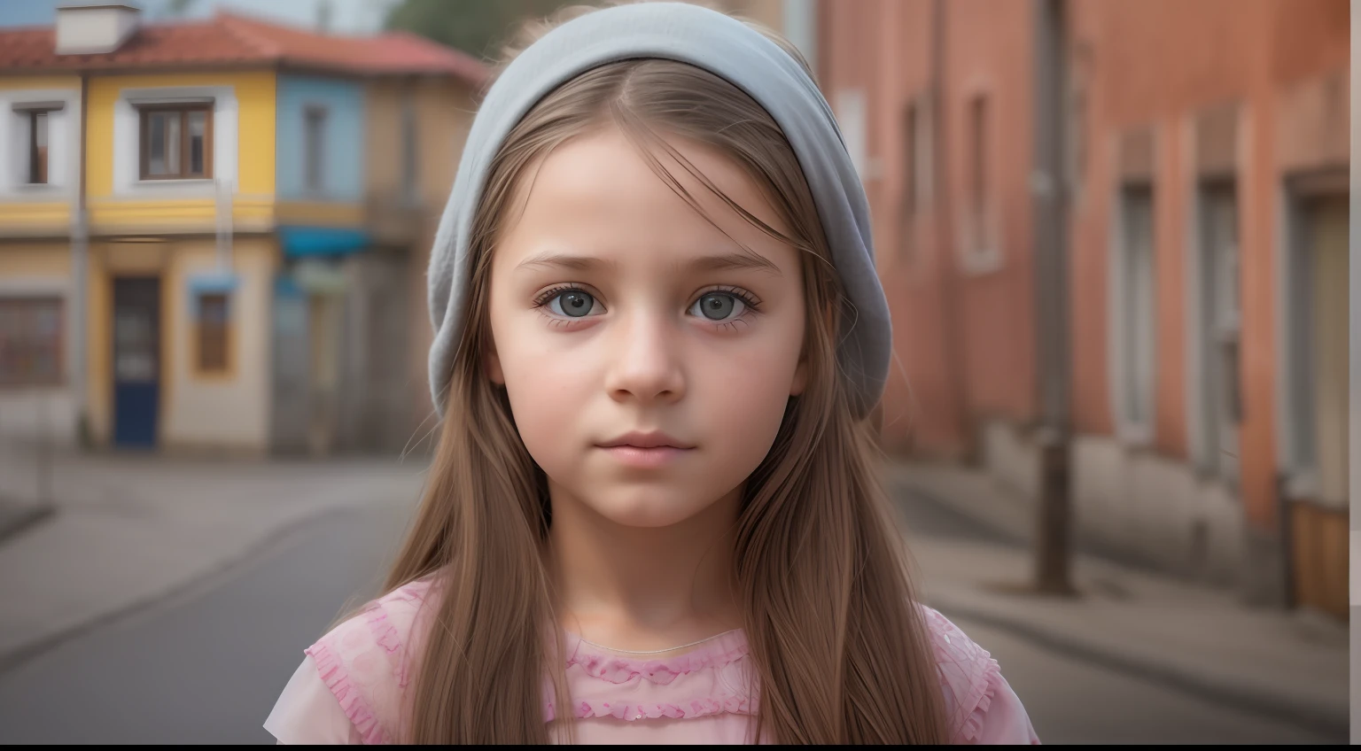 "生成一张具有真实面部特征的波斯尼亚 10 岁女孩的超现实图像, 以现实的城镇为背景, 展现最佳品质和精致细节."