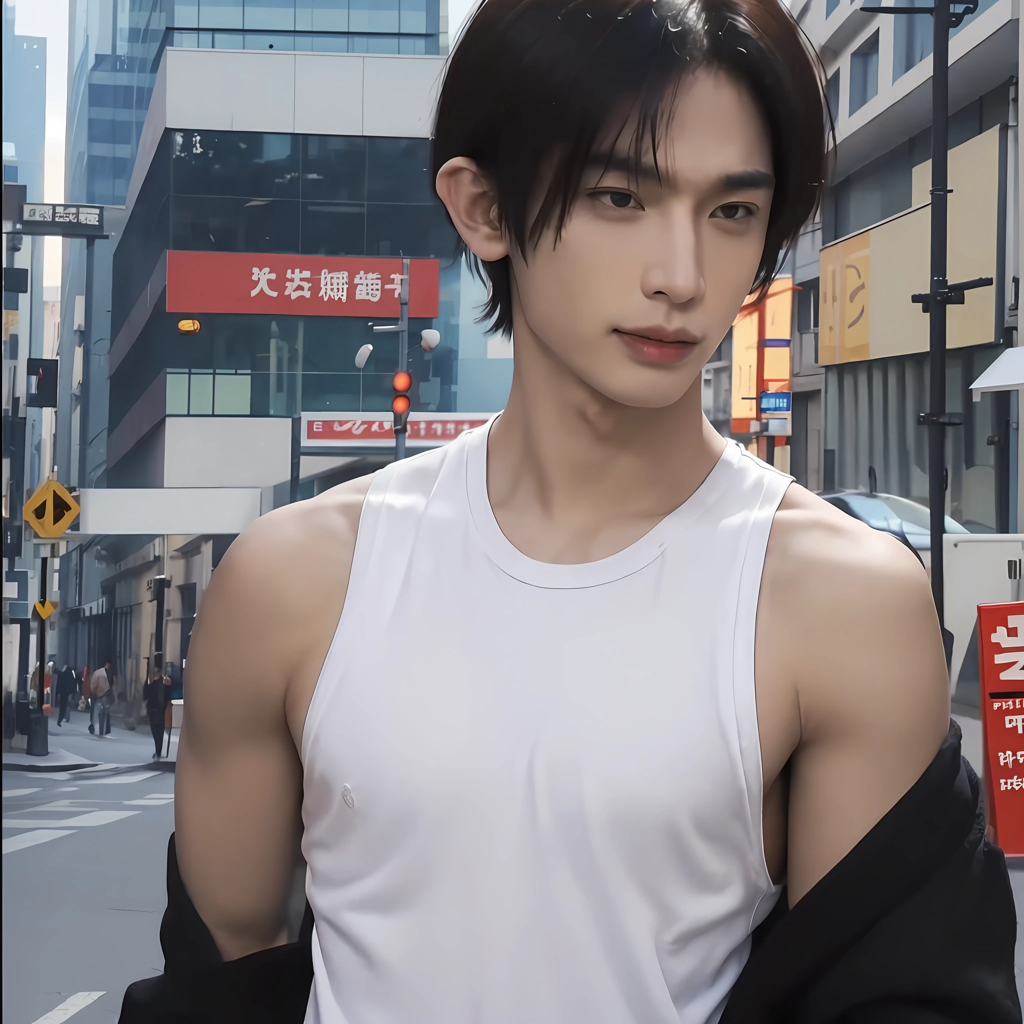 Realistic, Photorealistic, art  stations, Detailed eyes, Detailed face, 4 k,Muscular boy, Teenage boy,Man's, (white singlet), Black hair, (boy short hair in a fringe),Japanese male hairstyle, (largest breast: 1.3),perky juicy pecs, (Close-up Face: 1.2), Fair skin, handsome and goodlooking boy,Gentle smile,stares at the camera,(walking on street:1.5),Cyberpunk,hazy style,(vague),Impressionistic style,(Differential crushing cap：2）