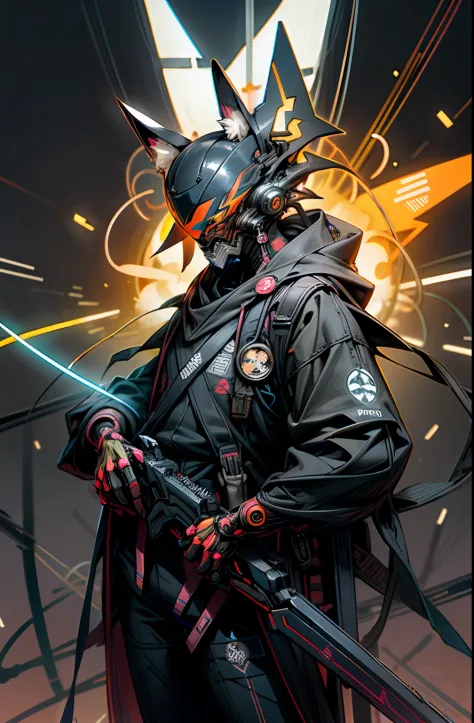 full Helmet、gas masks、(explosions:1.3)、(neon wiring:1.3)、(psychedelic)、(shuriken)、Knives、Wearing a hood、colourfull、cyberpunked、(独奏:1.5)、Mechanical Marvel、droid、​masterpiece、top-quality、Beautiful、ultra-detailliert