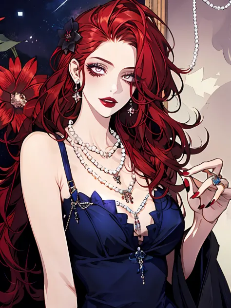 1girll, jewelry, Red hair necklace, 耳Nipple Ring, Moles under the mouth, Red nails, petals, Red lips, hair adornments, flower, black flower, pearls necklace, lipstick,With gray eyes, nail polish,(Mature female:1.16),Forever lost，Dark blue-purple dress