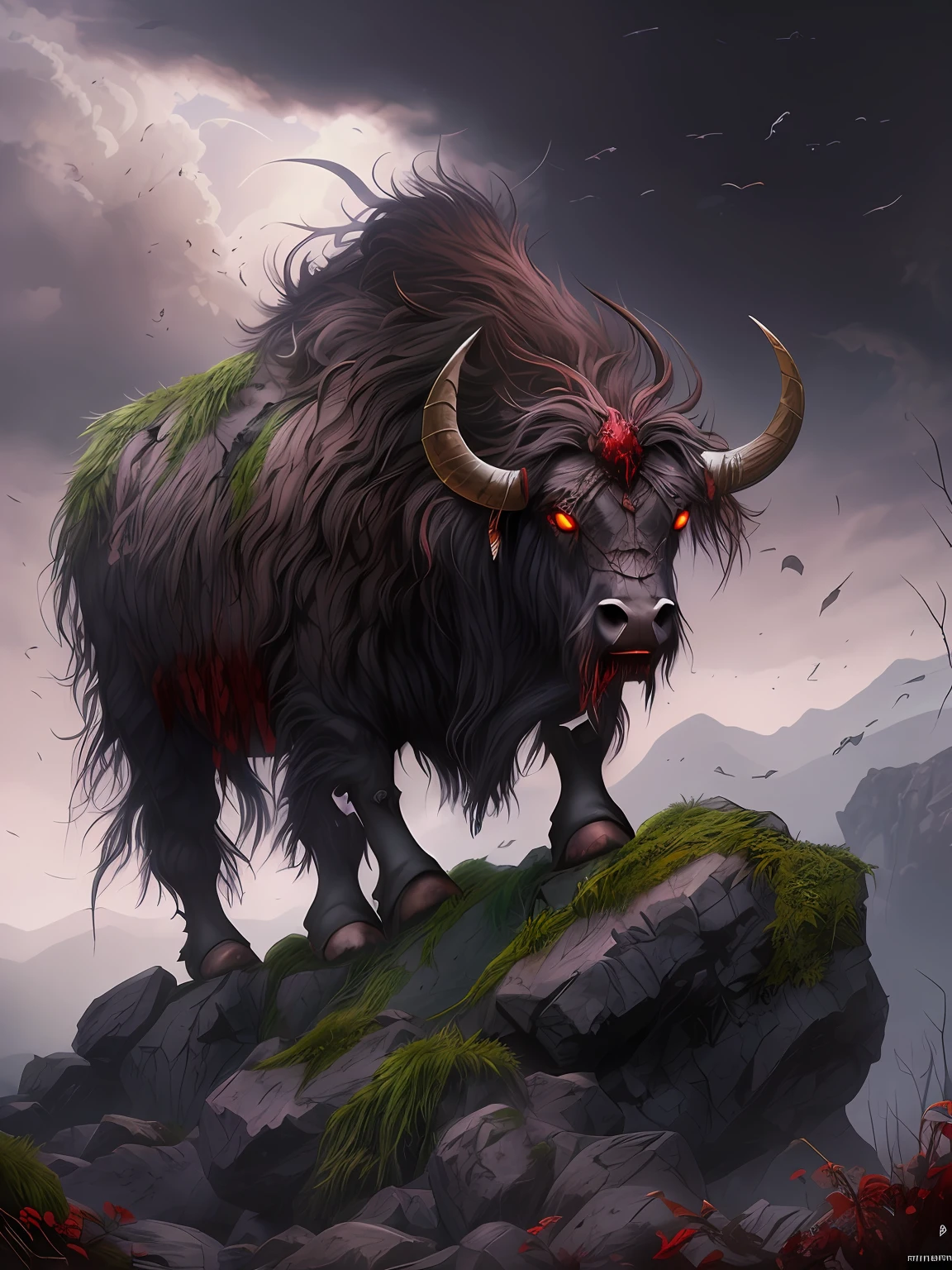 ((A huge yak)), greek myth, Monster, musculature, The sky and the earth are dark，salama，（Stomping on all fours）(The stone walls are covered with moss), Madness, ,Blood red eyes，
insanely details, Intricate details, ultra - detailed,
((Comic book style)), mistic, elegant, ((Domineering look)), dangers, (Fear and terror), Mordor, Creepy, Darkest horror background,
(Skin texture), intricately details, Fine details, ultra - detailed, Ray traching, Subsurface scattering, diffused soft lighting, Shallow depth of field, By (Oliver Wetter)
trending on artstationh, trending on CGSociety, Intricate, High detail, Sharp focus, Dramatic, photorealistic painting art by midjourney and greg rutkowski, Bokeh on the background，(Wide angle 1：3),