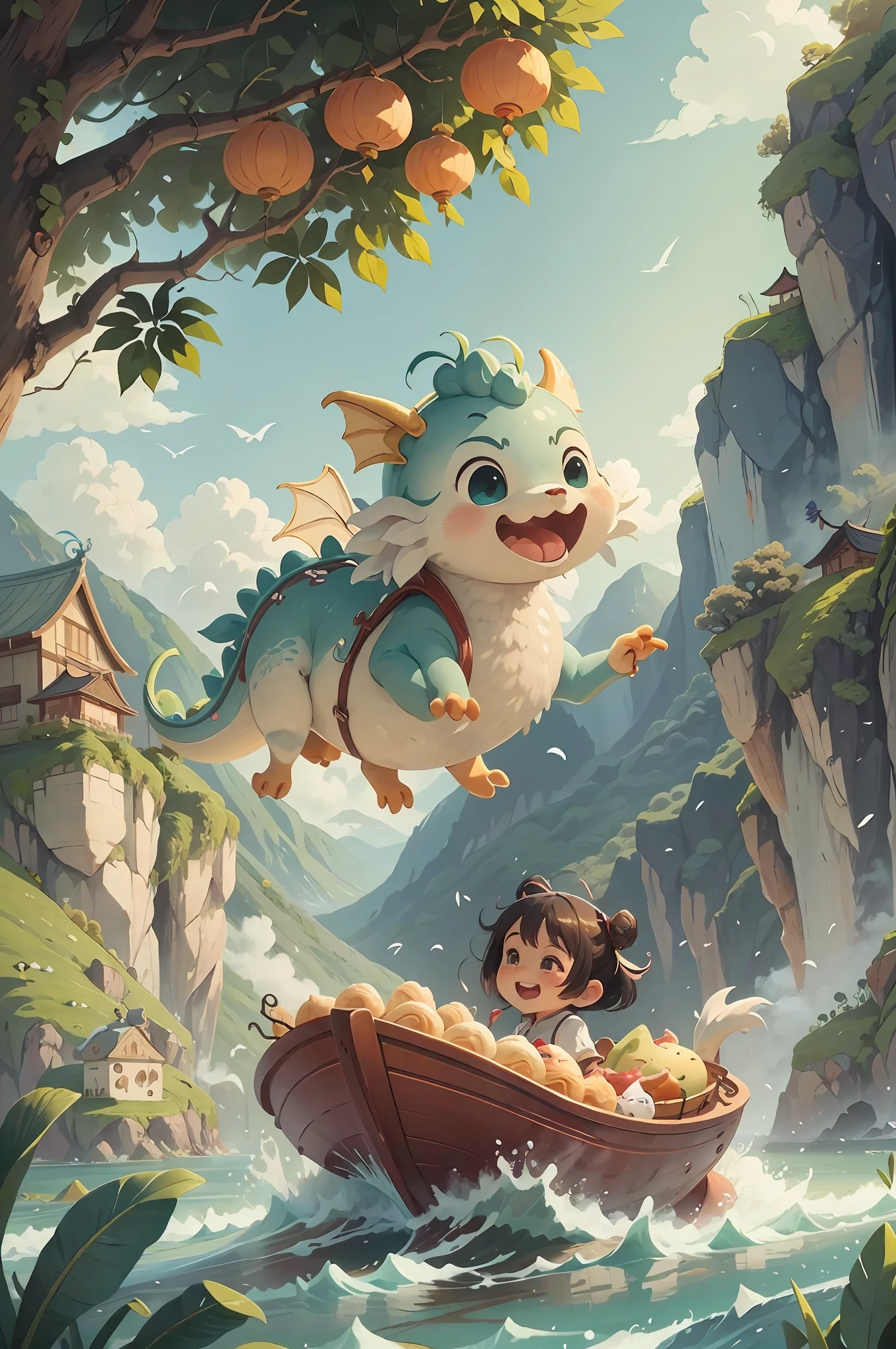 Cute Chinese dragon in the clouds，Cyan dragon，1 Dragon，Expose the faucet，small boats，Roll on the waves，Laughing girl on board，Pastries float on the river，Cut salted duck eggs，The lovely faucet looks exciting in the waves，Floating rice dumplings，Green mountains in the background，In close-up view, illustration，high qulity，anime big breast，style of anime，the detail，Clear illustrations，Clean picture，Works of masters，Top works