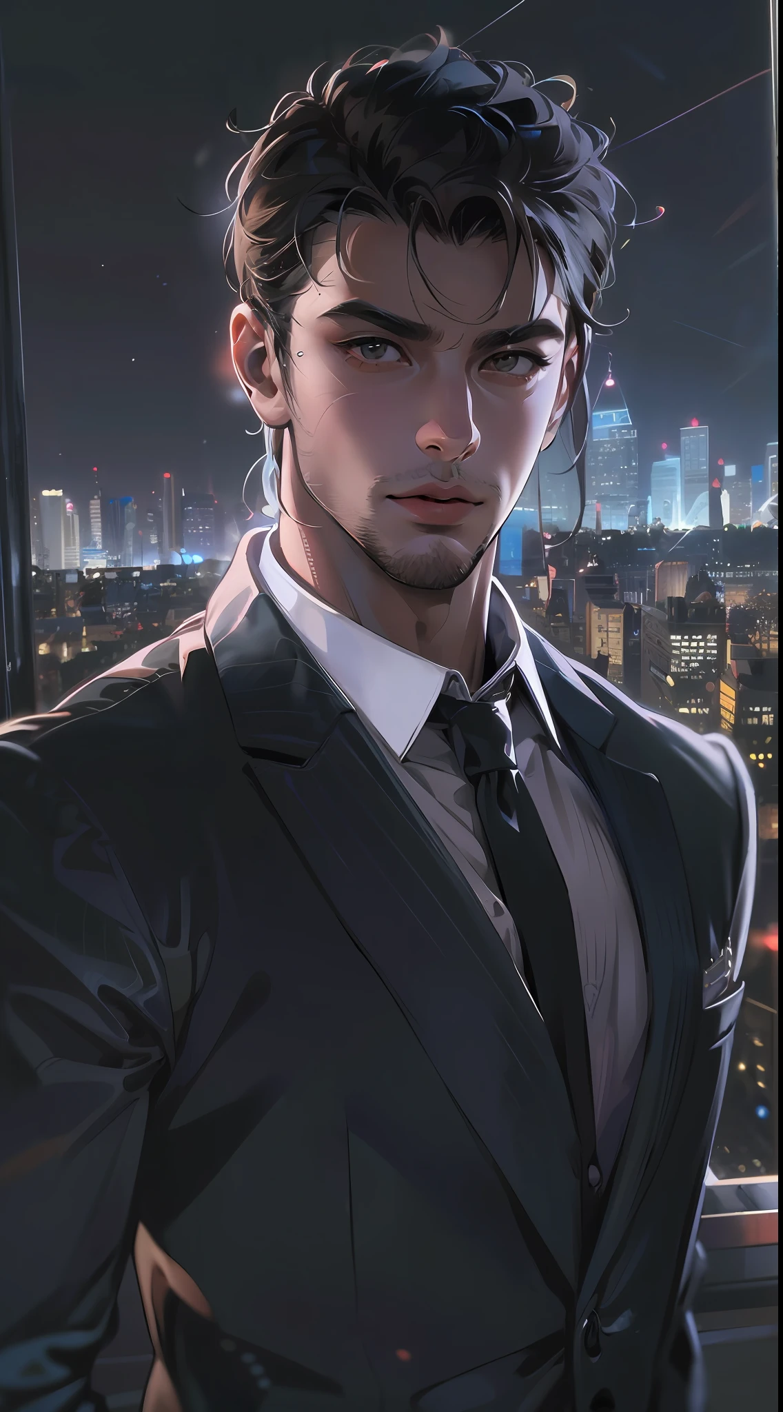 (absurdres, highres, ultra detailed, realistic, ), 1 male, solo, adult, mature, tall muscular guy, broad shoulders, handsome, very short hair, black hair, brown eyes, angular jaw, thick neck, thick eyebrows, night, dark, the night view of the city background, formal suit, necktie, upper body