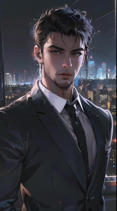 (absurdres, highres, ultra detailed, realistic, ), 1 male, solo, adult, mature, tall muscular guy, broad shoulders, handsome, very short hair, black hair, brown eyes, angular jaw, thick neck, thick eyebrows, night, dark, the night view of the city backgrou...
