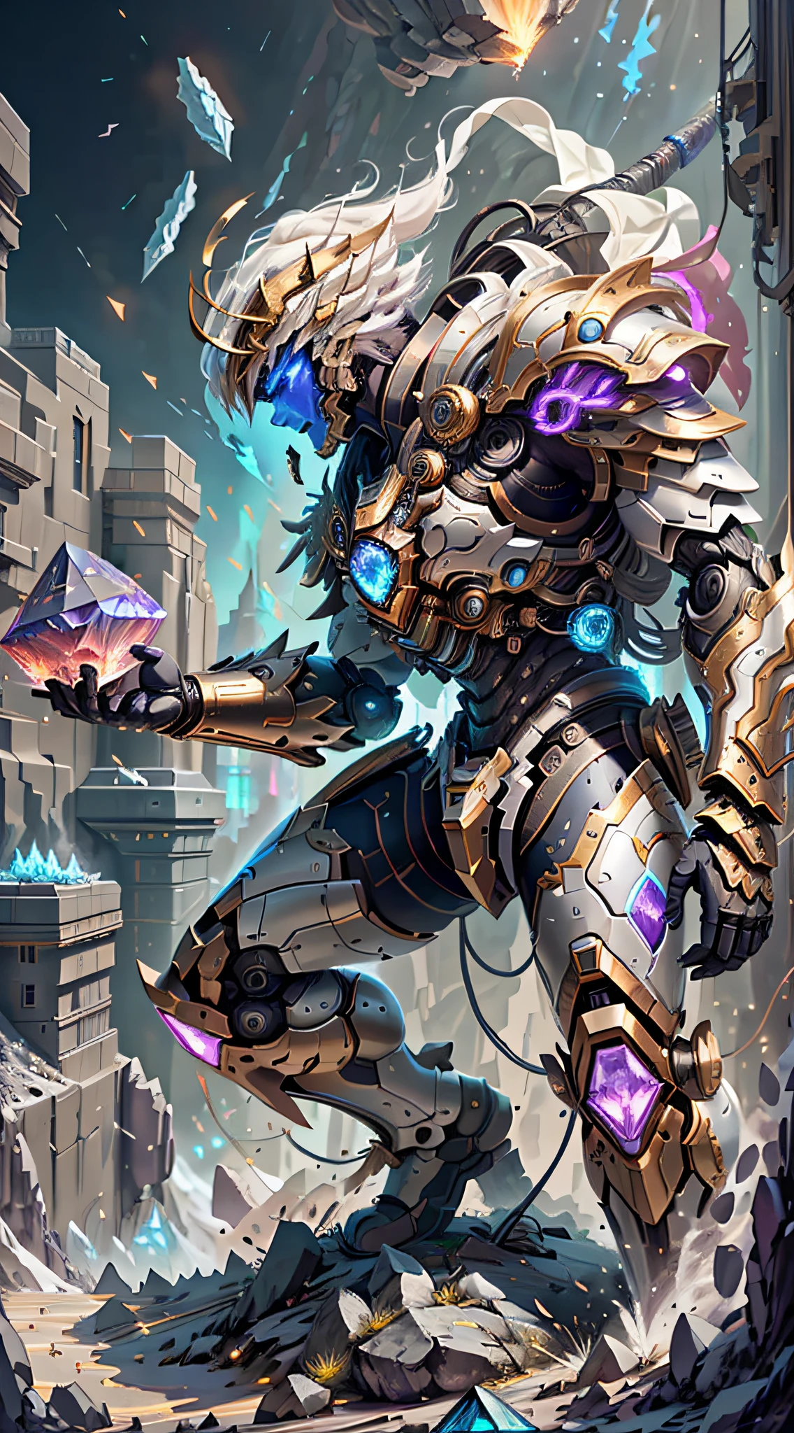 Ancient divine beast armor,Fighting posture,giant mecha,(Smooth surface),Stand on a cliff overlooking the night view,Cyberpunk city,White is the main color，With red、Bright decorative colors such as blue and gold。There are powerful thrusters,(crystal:1.3),(((Masterpiece))),(((Best quality))),((ultra - detailed))((Extremely detailed CG)),((16K resolution))((An extremely delicate and beautiful)),{Photorealistic},Full of detailed light blooms,A masterpiece from the Canon EOS R6 shooting,((tmasterpiece)) ,电影灯光,独奏,Unreal Engine 5,Many people