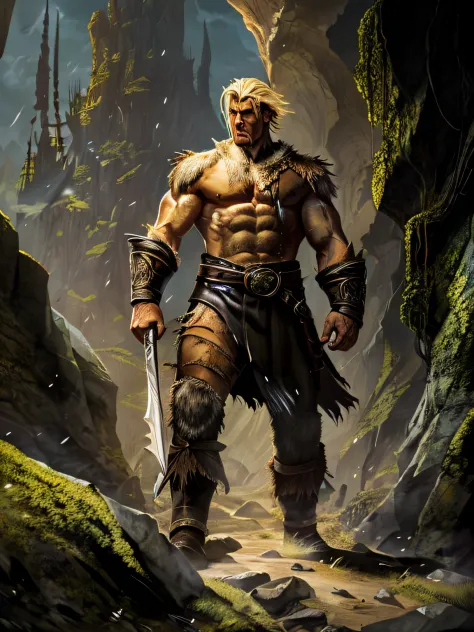 beowulf, the epic sense, a warrior in torn leather, muscular, scarred, short blond hair, tall, noble, extremely strong, with a d...