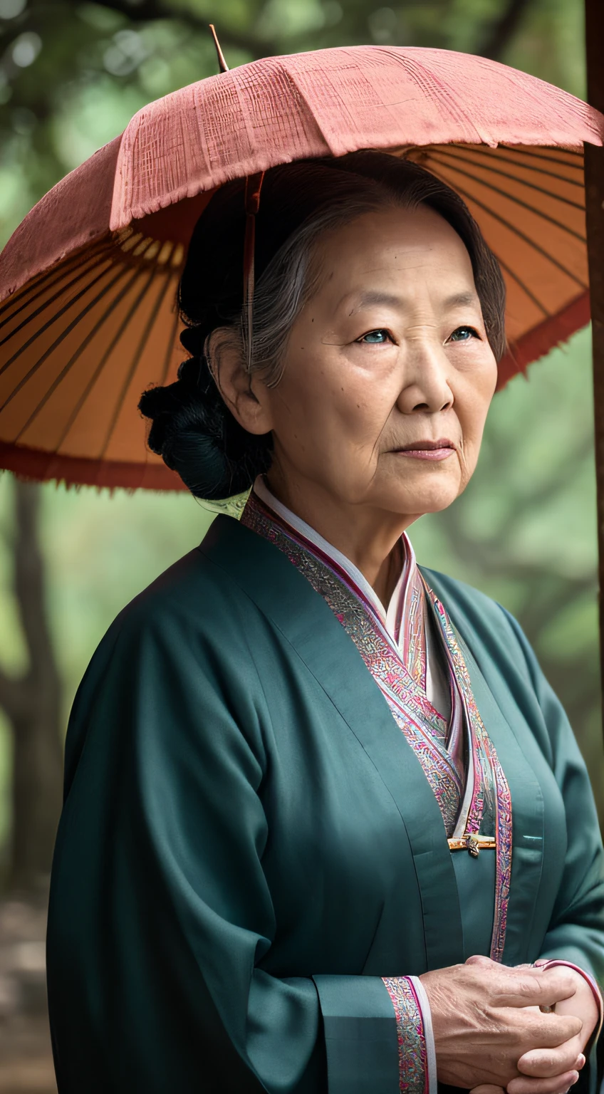 There was a woman standing, Portrait shooting, Chinese woman, matte painting portrait shot, Chinese woman, An Asian woman, Asian woman, Old woman, movie still 8 k, By Fei Danxu, Chinese woman, portrait shot 8 k, the look of an elderly person, inspired by Kim Tschang Yeul, detailed portrait shot --auto