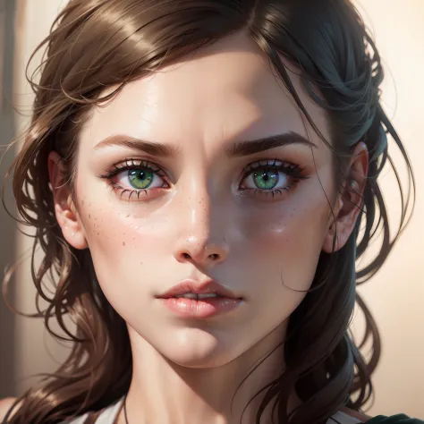There is a woman with freckles on her face and a green eye, Photorealistic beautiful face, realistic face moody lighting, Very detailed, realistic face, Ultra realistic facial details, Precise, ultra-realistic faces, Hyper-realistic beautiful face, realist...