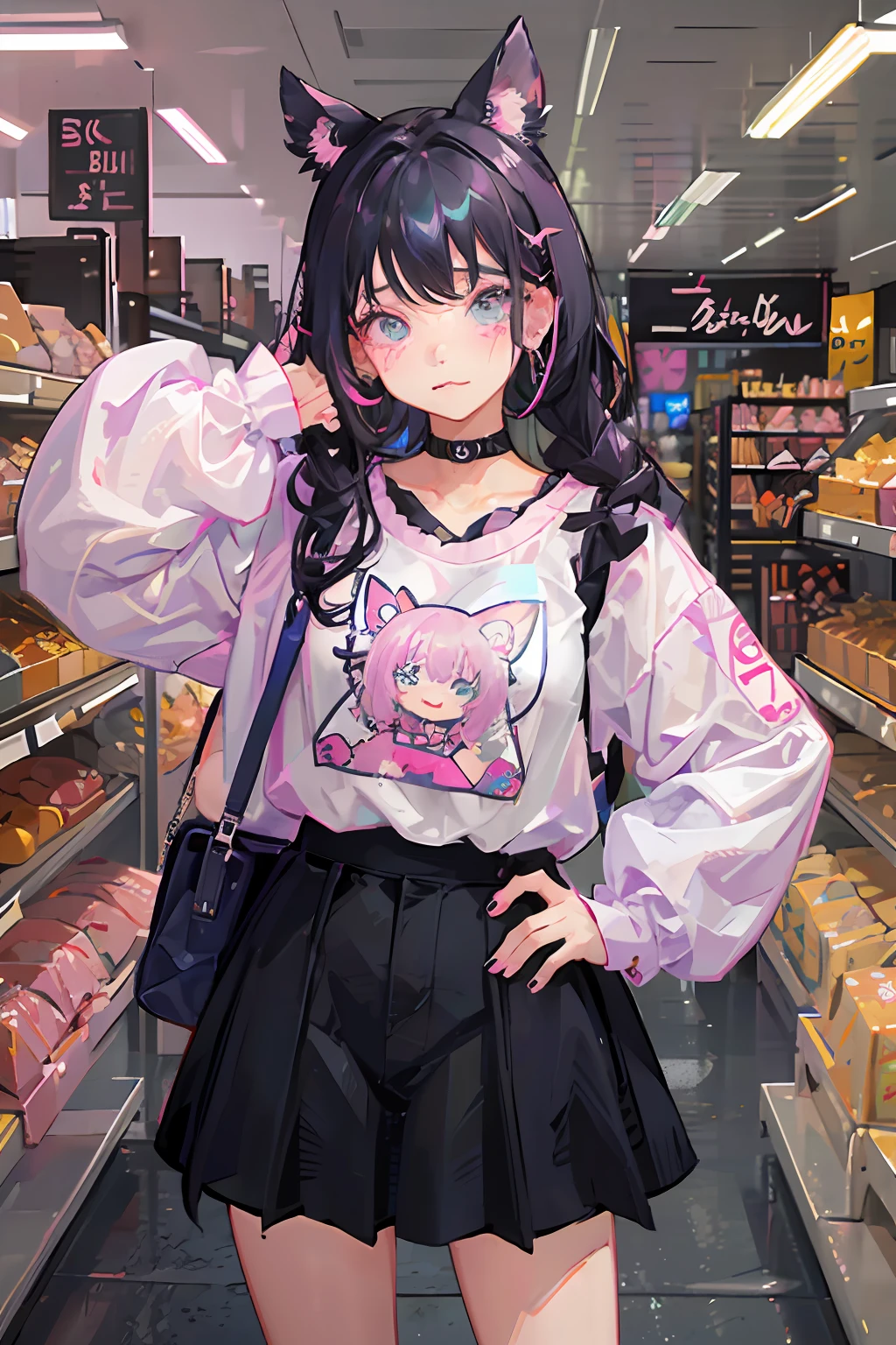 There is a little girl standing in the store, so cute, super cute and friendly, black pink Josie, けもの, E-girl, kawaii shirt and jeans, electronic girl, Ruan cute vtuber, Snapchat photos, cute girl, black pink Rosanna Park, Ultra HD, 8k, Best Light, Model Making Material, PCV Material, Resin, POP MART_style_design,  , 🤬 🤮 💕 🎀 🤮 🎀 😭 💕 Super cute