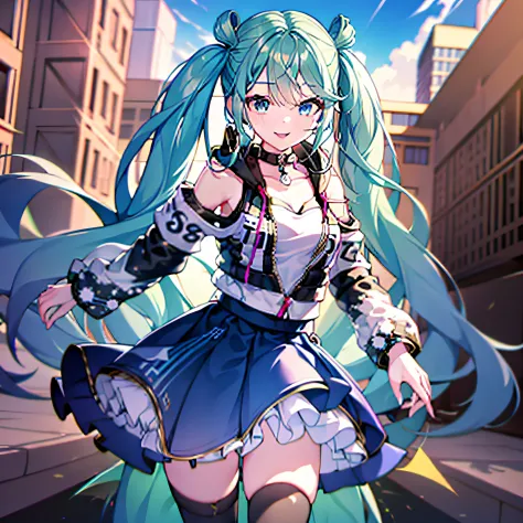 {{{vivimiku}}}, solo,masterpiece, best quality, highres, blue skirt, smile, stage, standing, cowboy shot, extremely detailed eye...