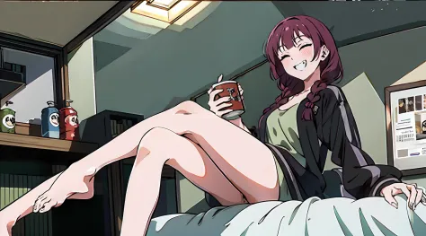 Top quality, High_Resolution, distinct_image, Detailed background, Dark hair, dutchangle, drunk, drunk, Bedroom, windowsill, Anime, upward eyes, Bare feet, Slender figure, smiling showing teeth (Eyes closed), Crossed legs, on top of the bed, sit with legs ...