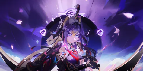 anime girl with long hair and purple dress holding a sword, Ayaka Genshin impact, shalltear bloodfallen, Keqing from Genshin Imp...