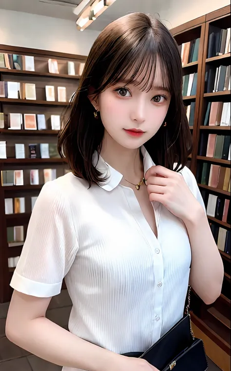 photo of a standing 30yo Caucasian woman inside a small bookshop,
intricate shirt, unbuttoned collar, Jewelry,
Detailed skin, Sk...