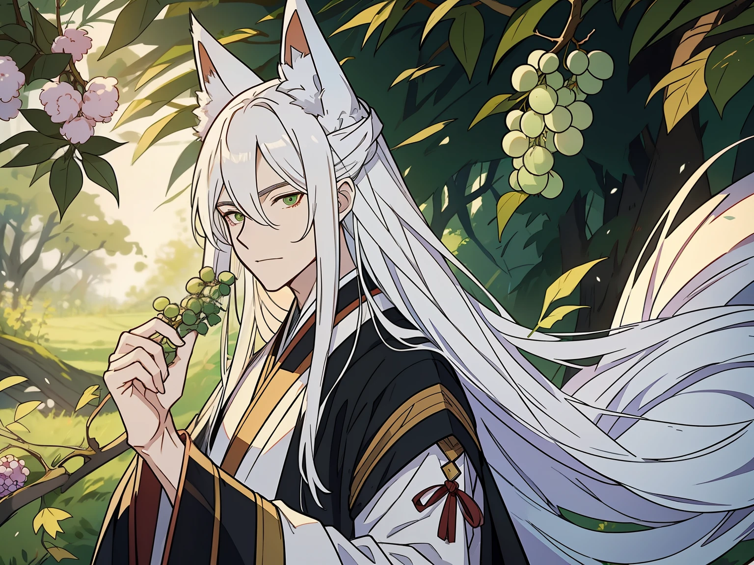 A man，long  white hair，fox ear，Hanfu，ssmile，Look at the large bunches of green grapes,Manhwa Style，Background with:the woods，