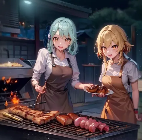 Anime characters cooking on a grill with meat on it, cooking it up, Cooking, girls frontline style, Kantai Collection Style, fro...