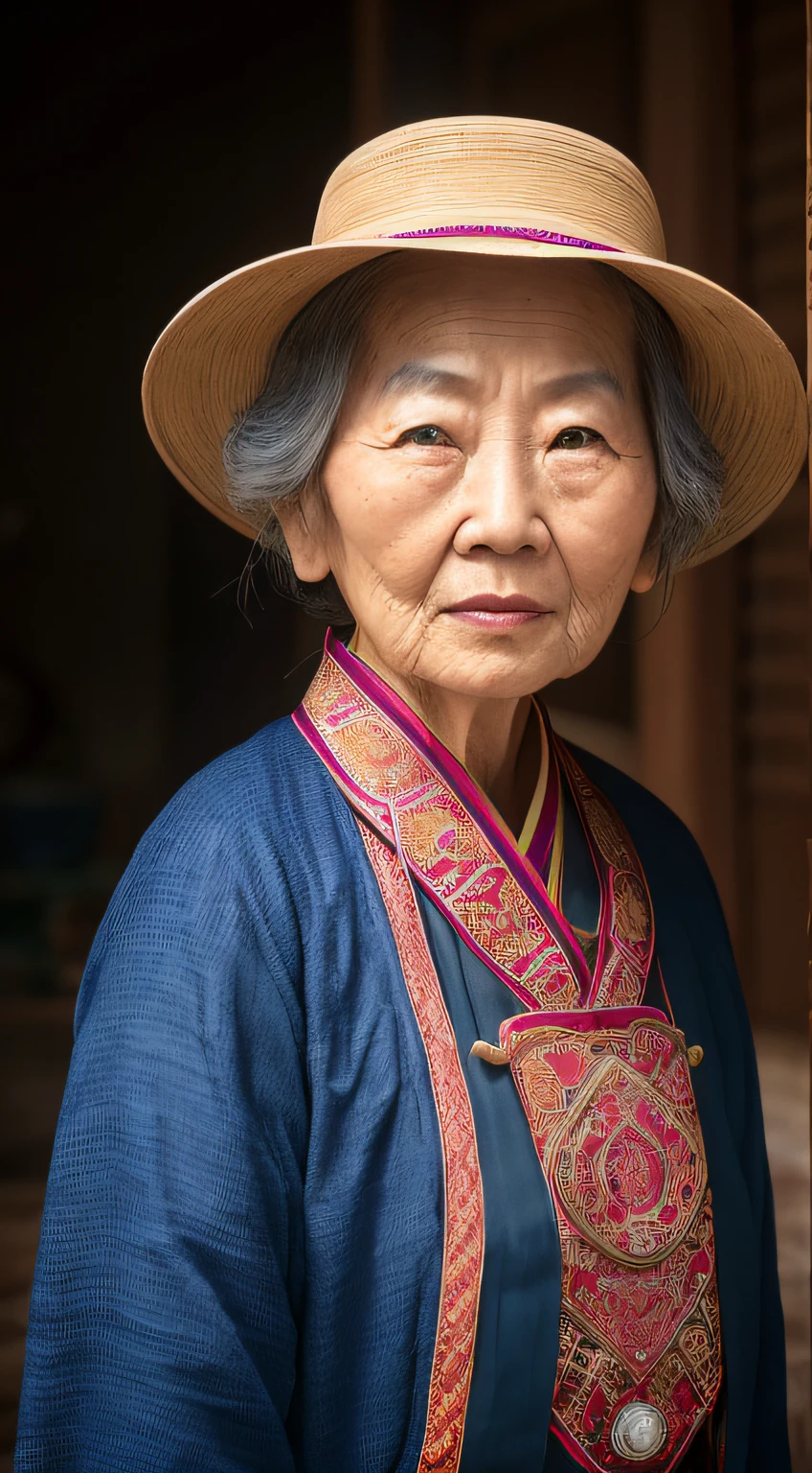 There was a woman standing, Portrait shooting, Chinese woman, matte painting portrait shot, Chinese woman, An Asian woman, Asian woman, Old woman, movie still 8 k, By Fei Danxu, Chinese woman, portrait shot 8 k, the look of an elderly person, inspired by Kim Tschang Yeul, detailed portrait shot --auto