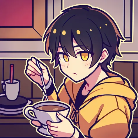 A boy with short black hair and yellow pupils drinking tea casual expression Q printmaking style