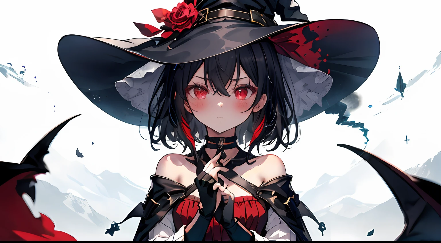 neoartcore, Aromatic, 1girll, Bare shoulders, Black cape, Black gloves, Black hair, Blush, Cape, choker necklace, 鎖骨, dress, Fingerless gloves, mitts, hair between eye, Hat, Long sleeves, view the viewer, Medium hair, off the shoulder dress, cropped shoulders, Red dress, Red eyes, side locks, Solo, Witch hat, ((Masterpiece))