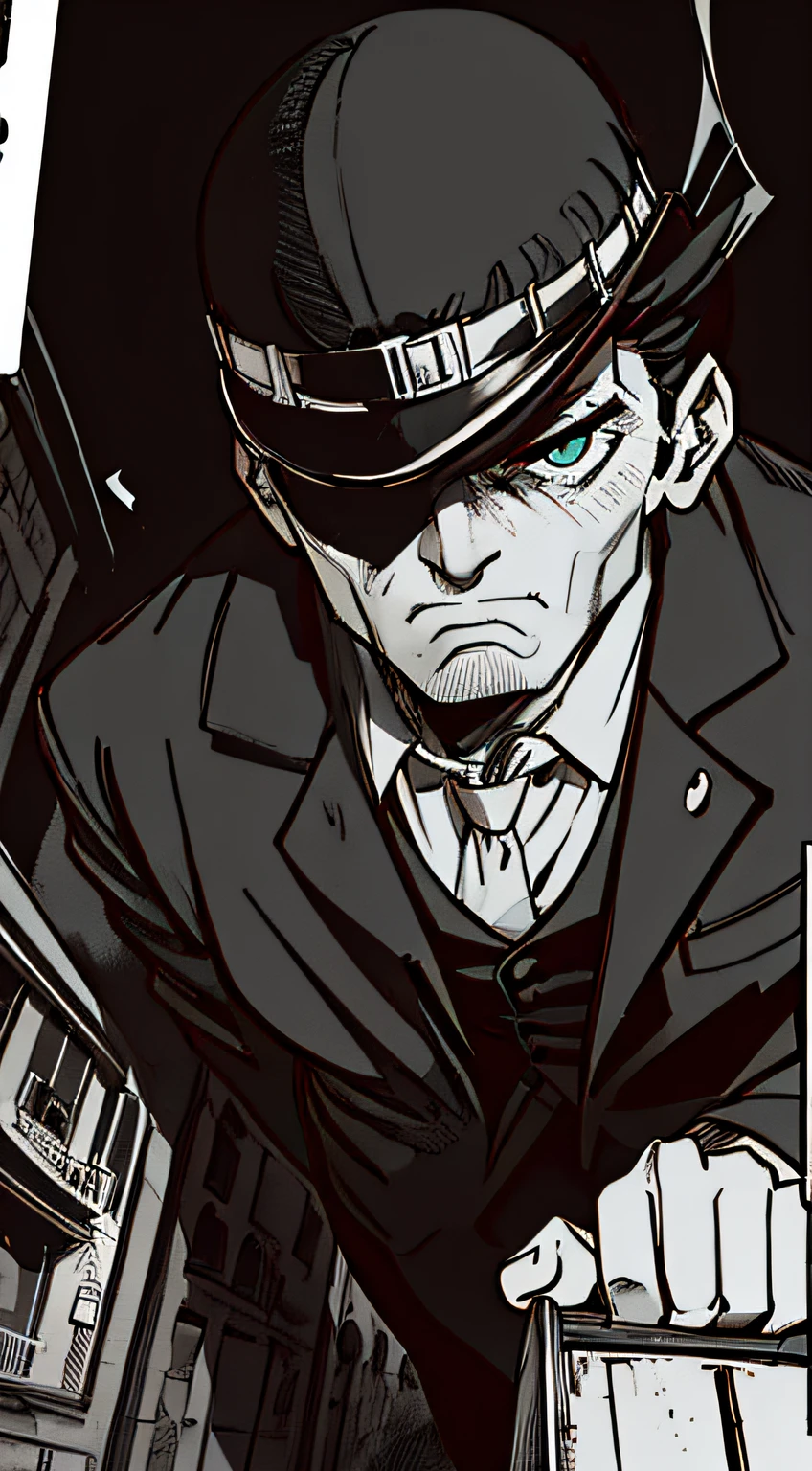 (Illustration im Noir-Comic-Stil:1.2),(Schwarz und weiß_Hoher Kontrast),Polizeifoto,Mafioso