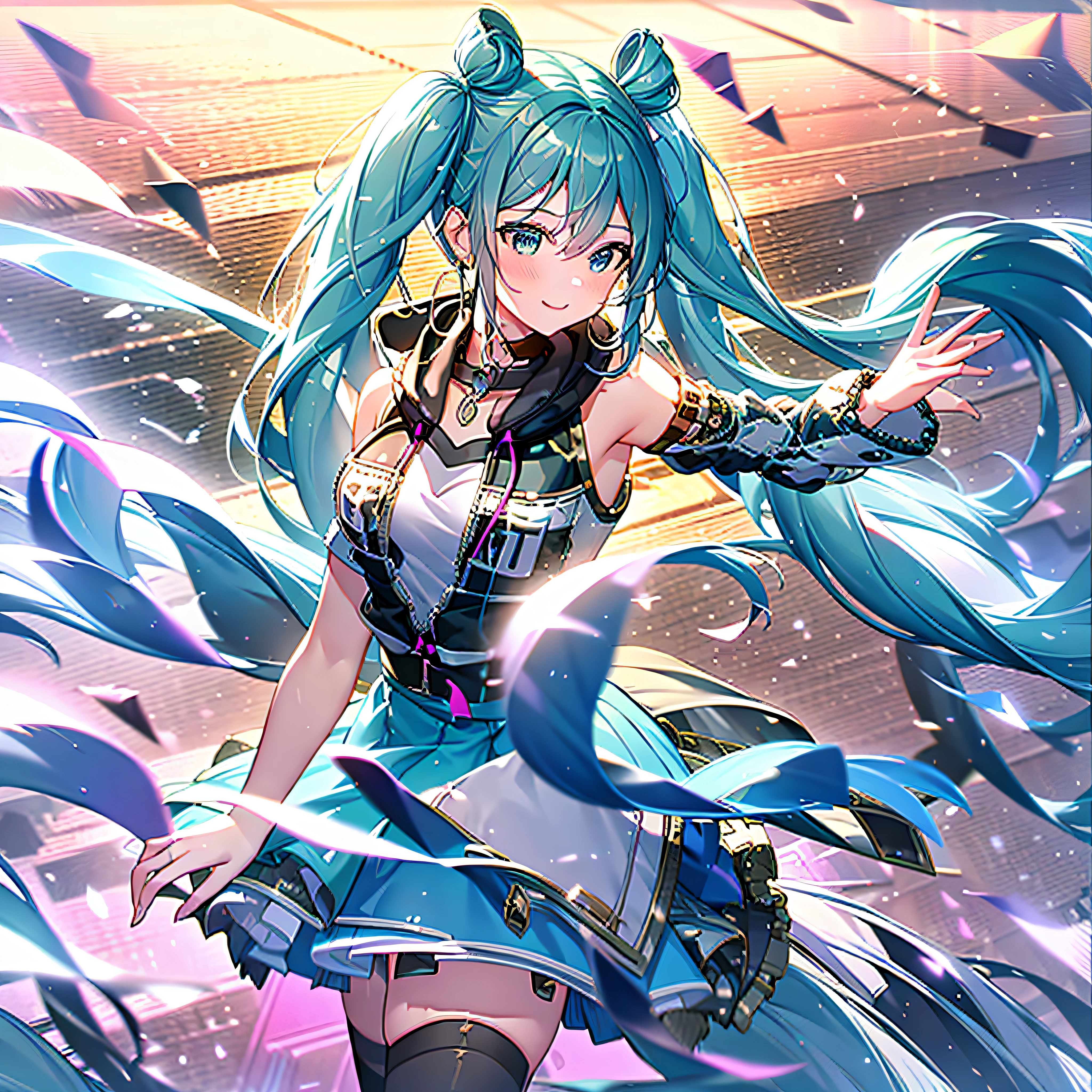 {{{vivimiku}}}, solo,masterpiece, best quality, highres, blue skirt, smile, stage, standing, cowboy shot, extremely detailed eyes