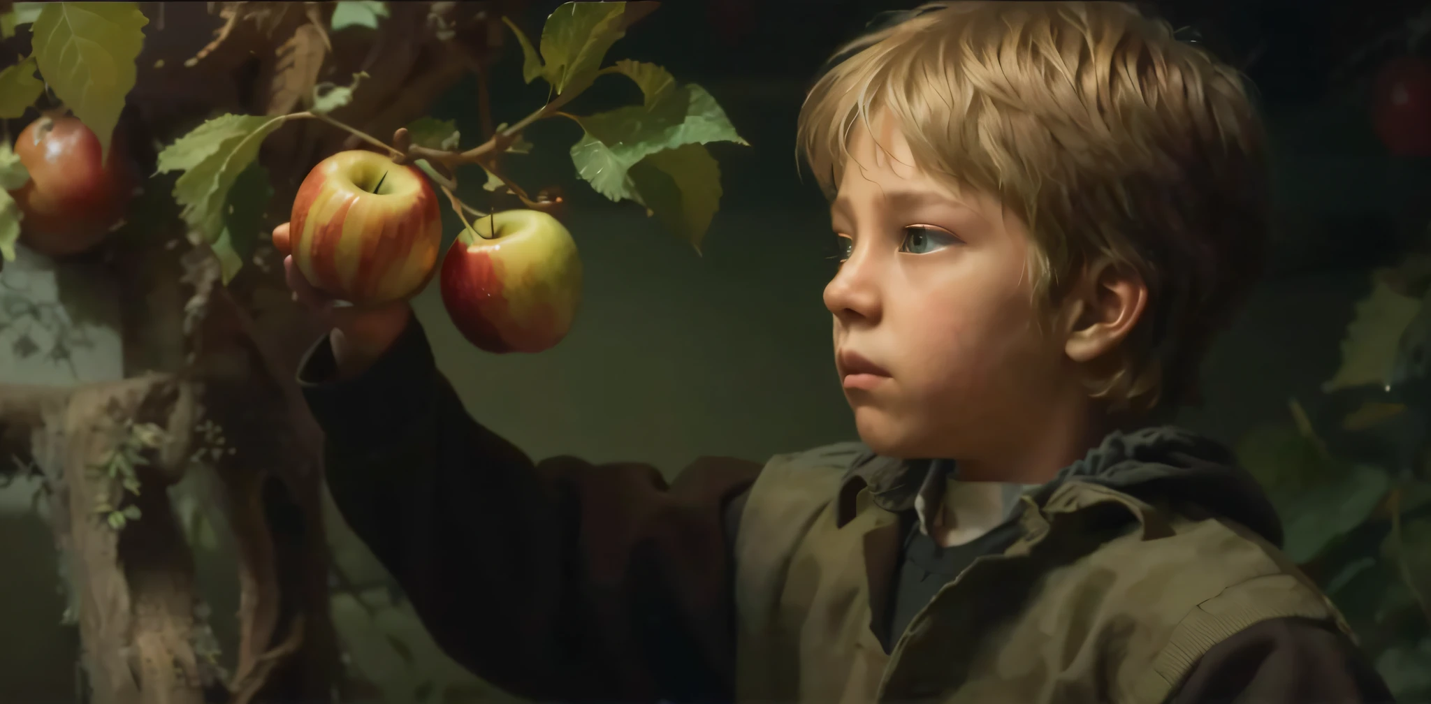 "Image simulating a boy also observing the apple that differs from the usual, ultra detailed, lots of color, cool and modern, realistic casting of shadows, warm and vivid light, vibrant and dynamic atmosphere, blurred background with different texture details."