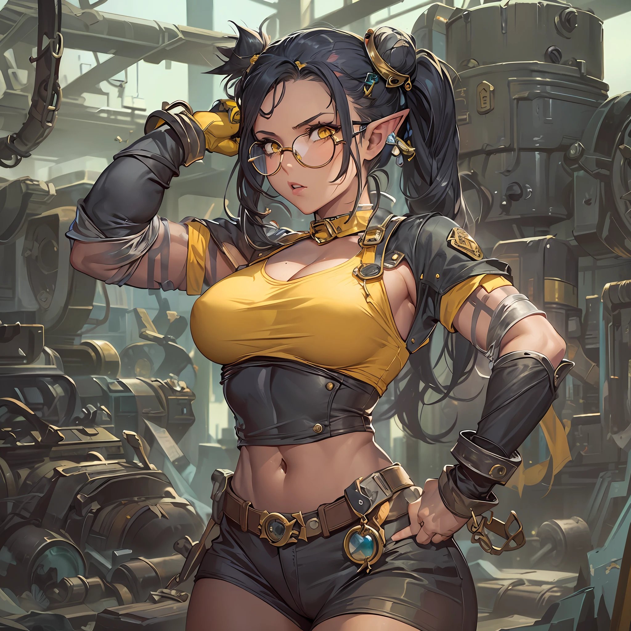 dirty female elf mechanic, 1girl, (solo:1.5), full body shot, busty boobs, wearing a sexy tightly leotard, black hair, yellow eyes , muscular arms, glasses, hair in a messy bun