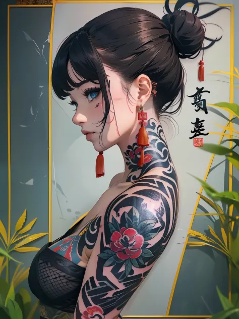 (masterpiece best quality:1.4),1girl, (tattoo of chinese text:1.5), solo, hair flowers, long hair, blue eyes, looking at viewer,...