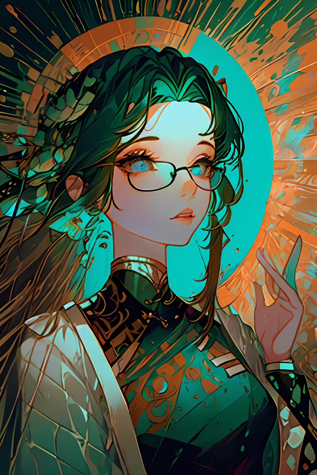 （tmasterpiece，top Quority，best qualtiy，offcial art，Beauty and aesthetics：1.2），（1girll），Extremely detailed，（s fractal art：1.3），Extremely colorful，Most detailed，Dark green hair，short detailed hair，Black eyes，Chinese outfit，eye glass