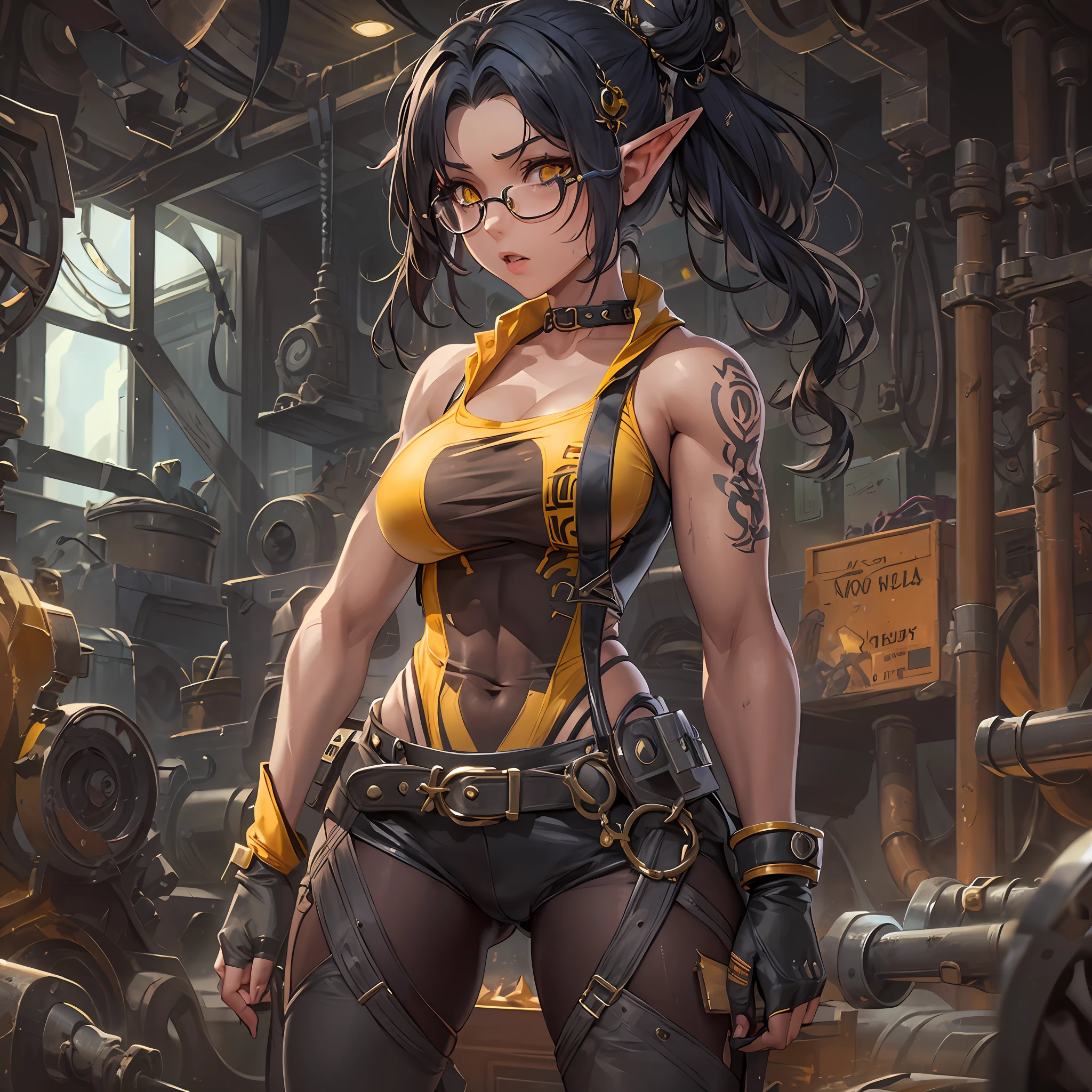 dirty female elf mechanic, 1girl, (solo:1.5), full body shot, busty boobs, wearing a lewd leotard, black hair, yellow eyes , muscular arms, glasses, hair in a messy bun