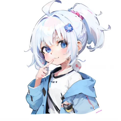 cartoon drawing of a girl with a ponytail and a blue jacket, smol, cute character, neferpitou, shikamimi, white haired, she has ...