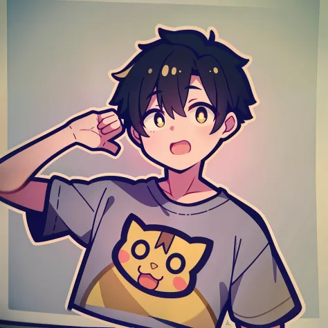 A boy with short black hair and yellow pupils yawns Q printmaking style