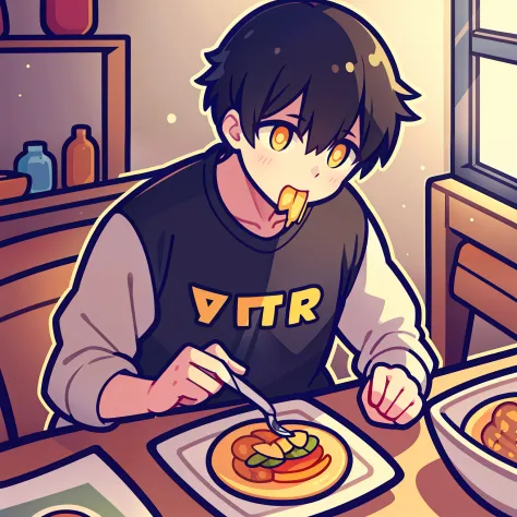 A boy with short black hair and yellow pupils eating lunch Q printmaking style