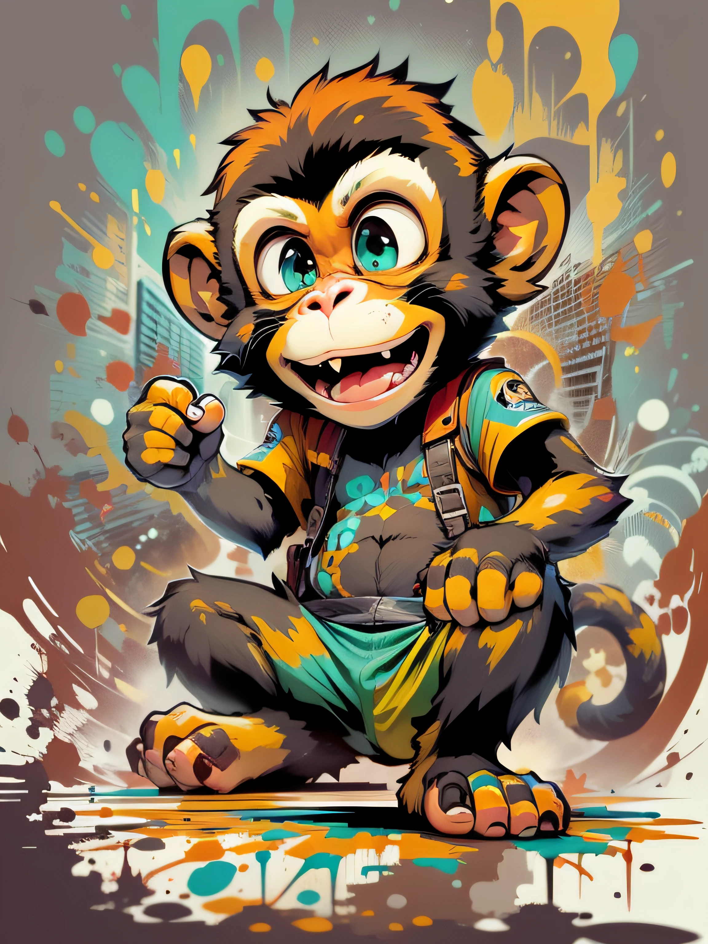 Vector, Print-ready colorful graffiti, Graffiti illustration: Cute little monkey, action shot, high detail, ((whitebackground))