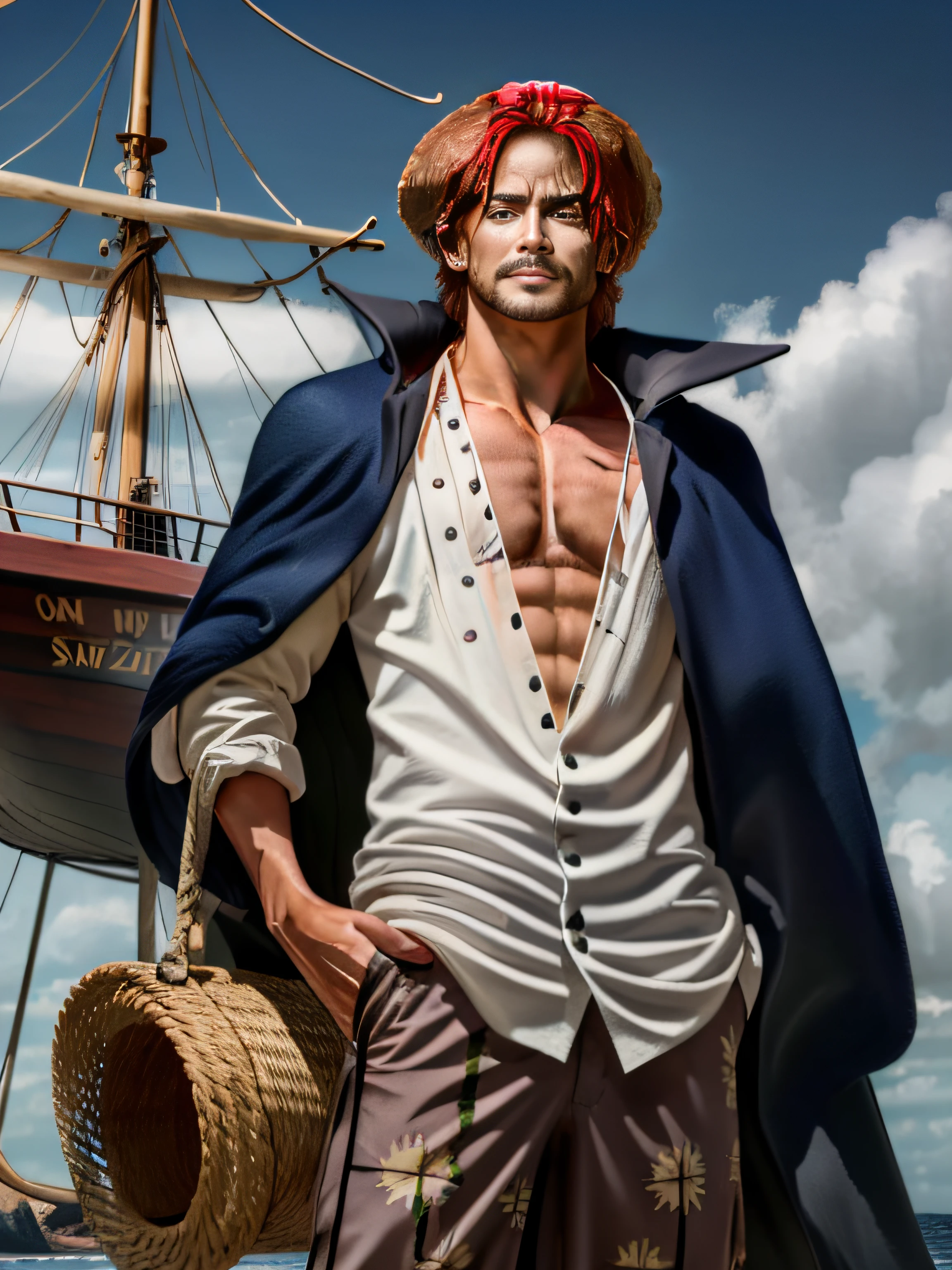 (Masterpiece: 1.4), (Best Quality: 1.4), Ultra High Resolution, Complex Detail,
 (1 boy), man, (red hair), straw hat, shank, shank \ (one piece \), (facial scar), short hair, shirt, white shirt, male focus, detailed eyes, open clothes, collared shirt, pants, cape, coat, open shirt, facial hair, scar, sandals, pectoral muscles, partially unbuttoned, cleavage, (coat on shoulders), nature, landscape, upper body, straw hat, break pirate ship, wood deck, sea, ship mast, ship railings, rope, sail,