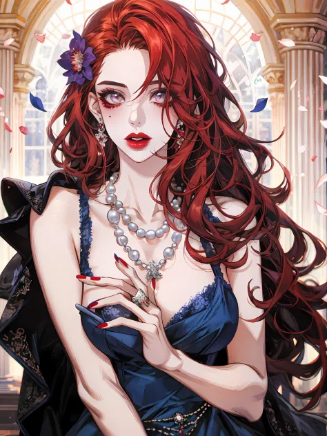 1girll, jewelry, Redhead necklace, 耳Nipple Ring, Moles under the mouth, Red nails, petals, Red lips, hair adornments, flower, black flower, pearls necklace, lipstick,With gray eyes, nail polish,(Mature female:1.16),Forever lost，Dark blue-purple dress