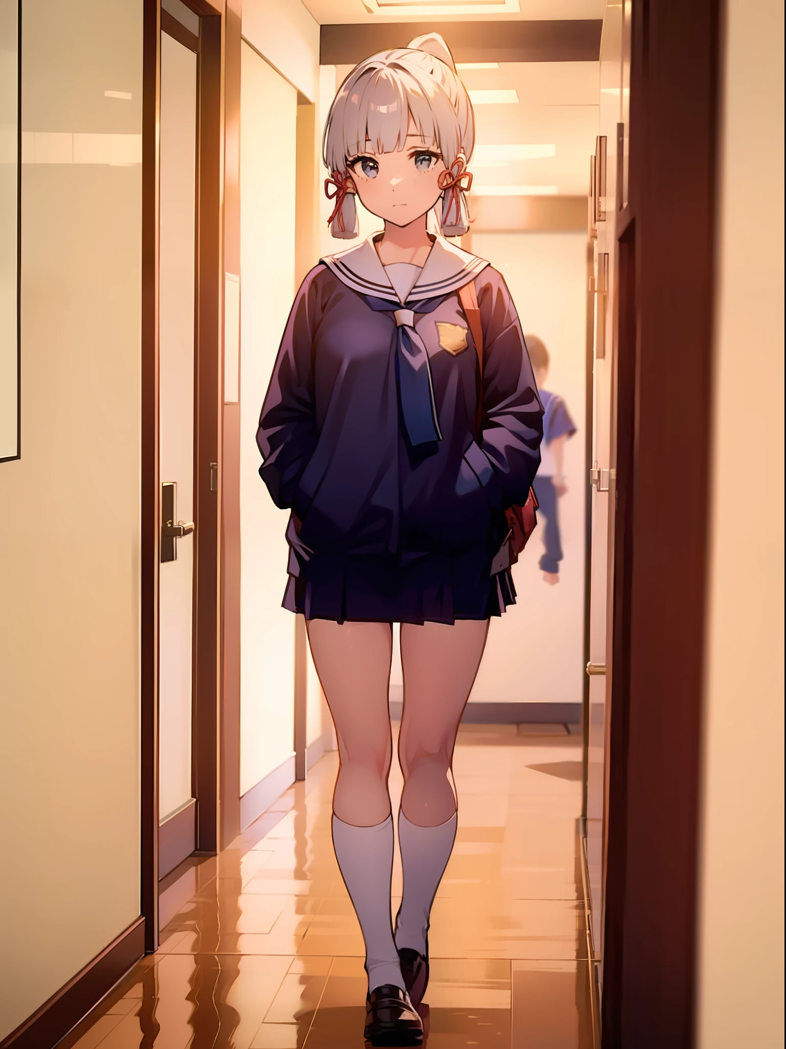 (genshin impact, kamisato ayaka) wearing sailor uniform, walking in the classroom hallway, background blur, in the hall there are several people