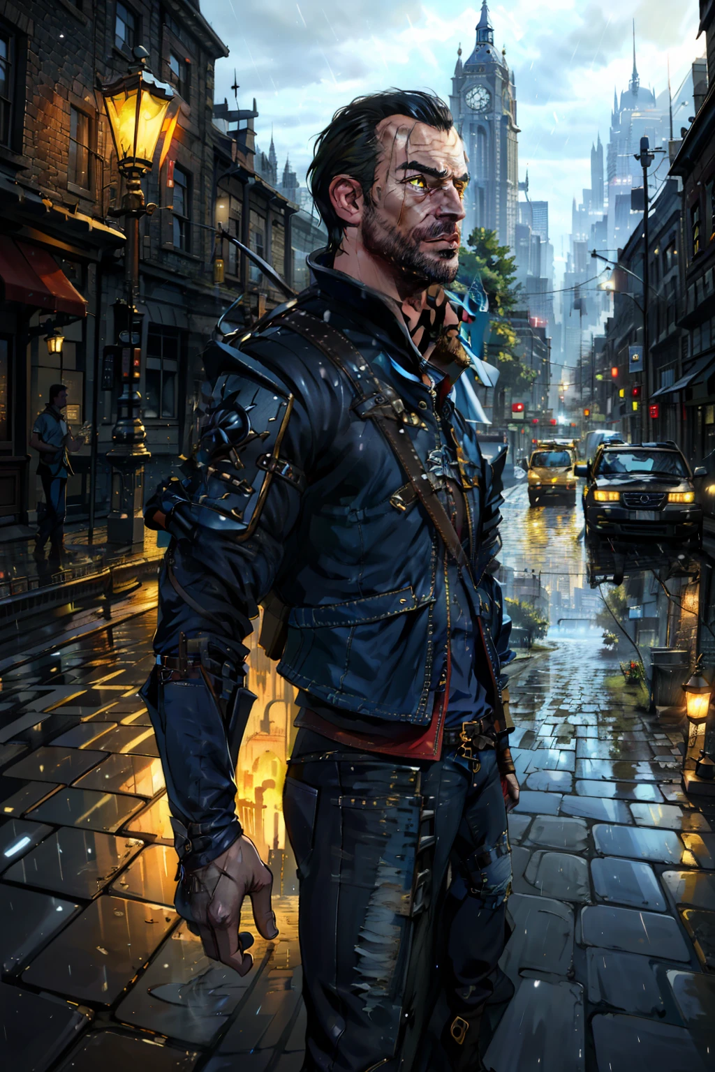 (Masterpiece, Top quality, Best quality, offcial art, Detailed:1.2), Lambert W3_soul3142, view the viewer, Scar, scars in the face, Yellow eyes, (blue tshirts:1.1), Jeans, holding bag, Outdoors, rain, (City:1.1), Cityscape, lamp lights, From the side Side