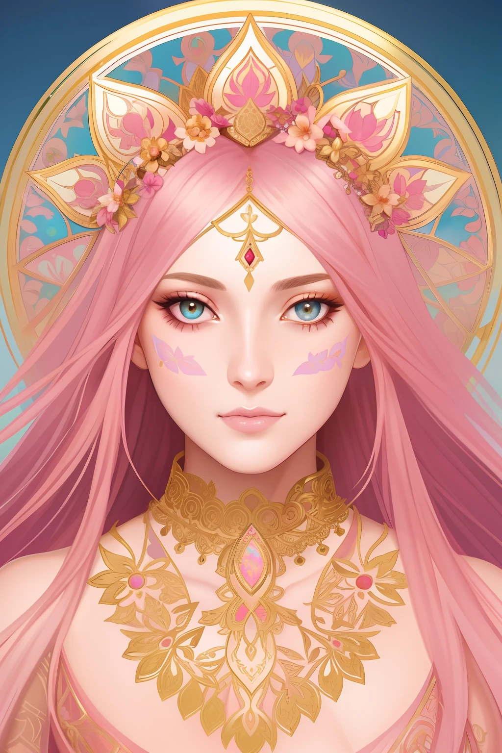 (symmetry:1.1) (portrait of floral:1.05) a woman as a beautiful goddess, (assassins creed style:0.8), pink and gold and opal color scheme, beautiful intricate filegrid facepaint, intricate, elegant, highly detailed, digital painting, artstation, concept art, smooth, sharp focus, illustration, art by greg rutkowski and alphonse mucha, 8k