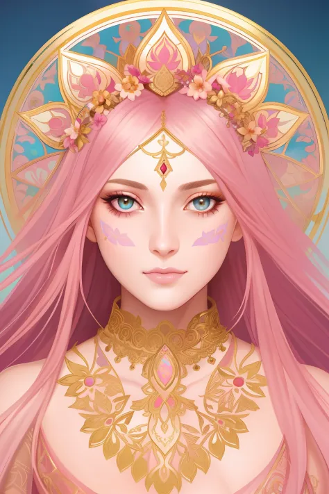 (symmetry:1.1) (portrait of floral:1.05) a woman as a beautiful goddess, (assassins creed style:0.8), pink and gold and opal col...