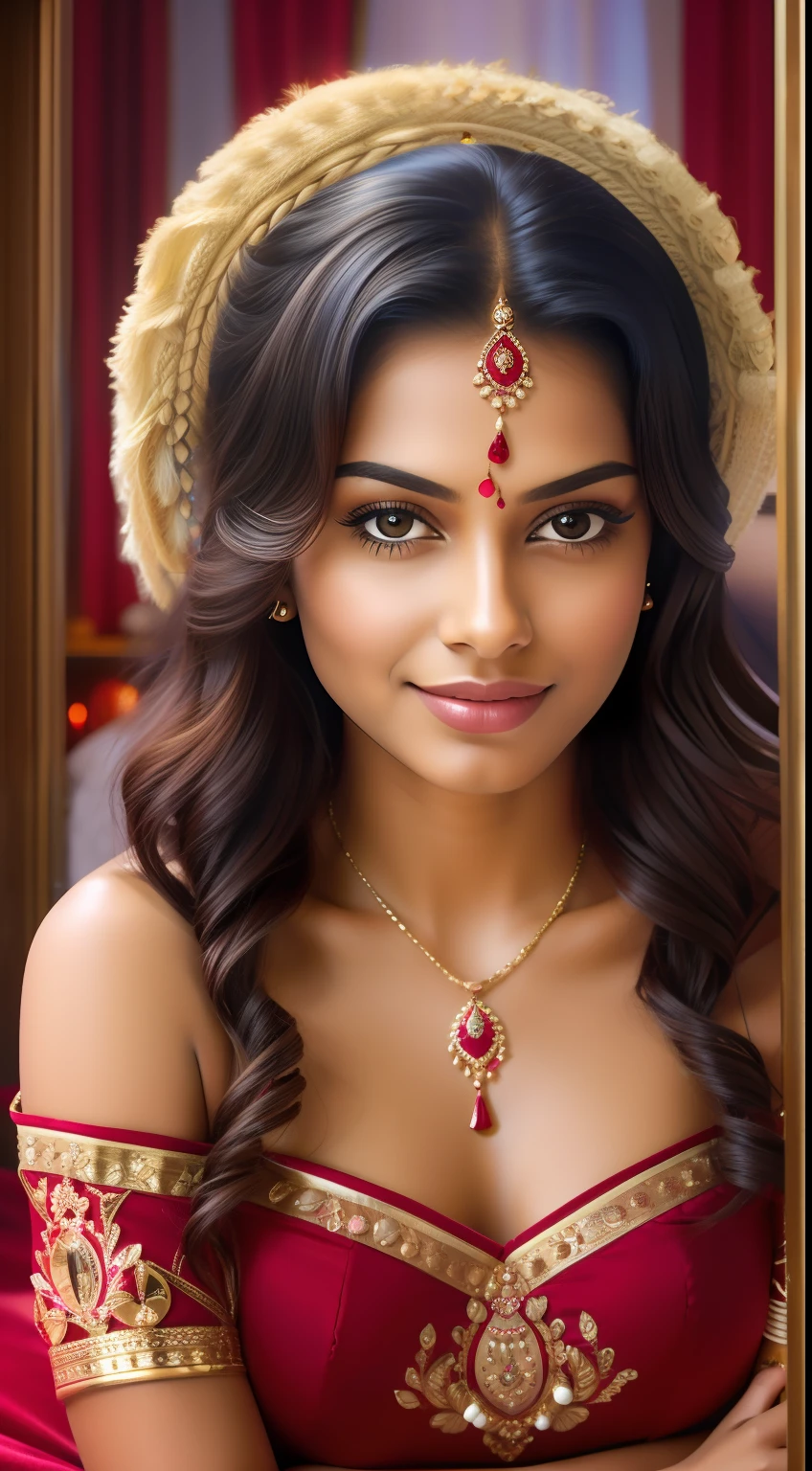 "Portrait of   actress Indian princess in a cozy and intimate bedroom setting."