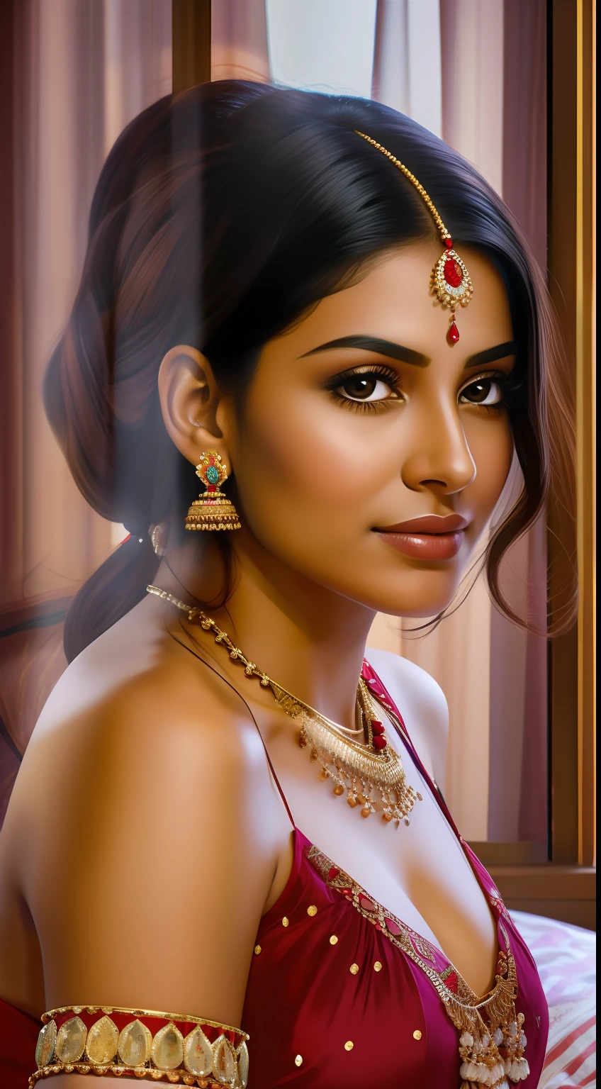 "Portrait of   actress Indian princess in a cozy and intimate bedroom setting."
