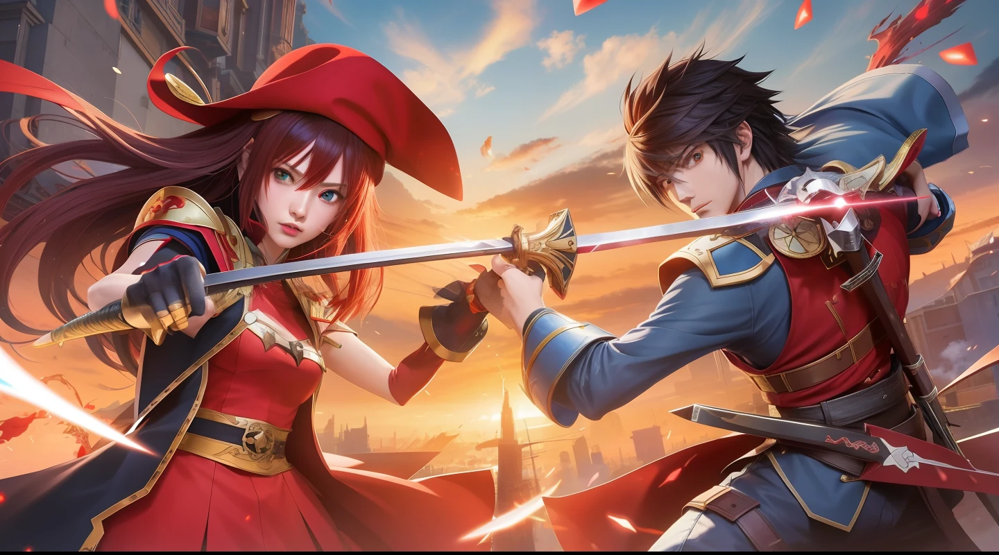 two anime characters in a battle with swords and a red hat, epic light novel art cover, detailed key anime art, epic light novel cover art, 2. 5 d cgi anime fantasy artwork, anime key art, anime in fantasy style, light novel cover art, official anime artwork, high detailed official artwork, shirow masamune, top 25 fantasy anime series