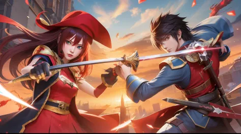 two anime characters in a battle with swords and a red hat, epic light novel art cover, detailed key anime art, epic light novel...