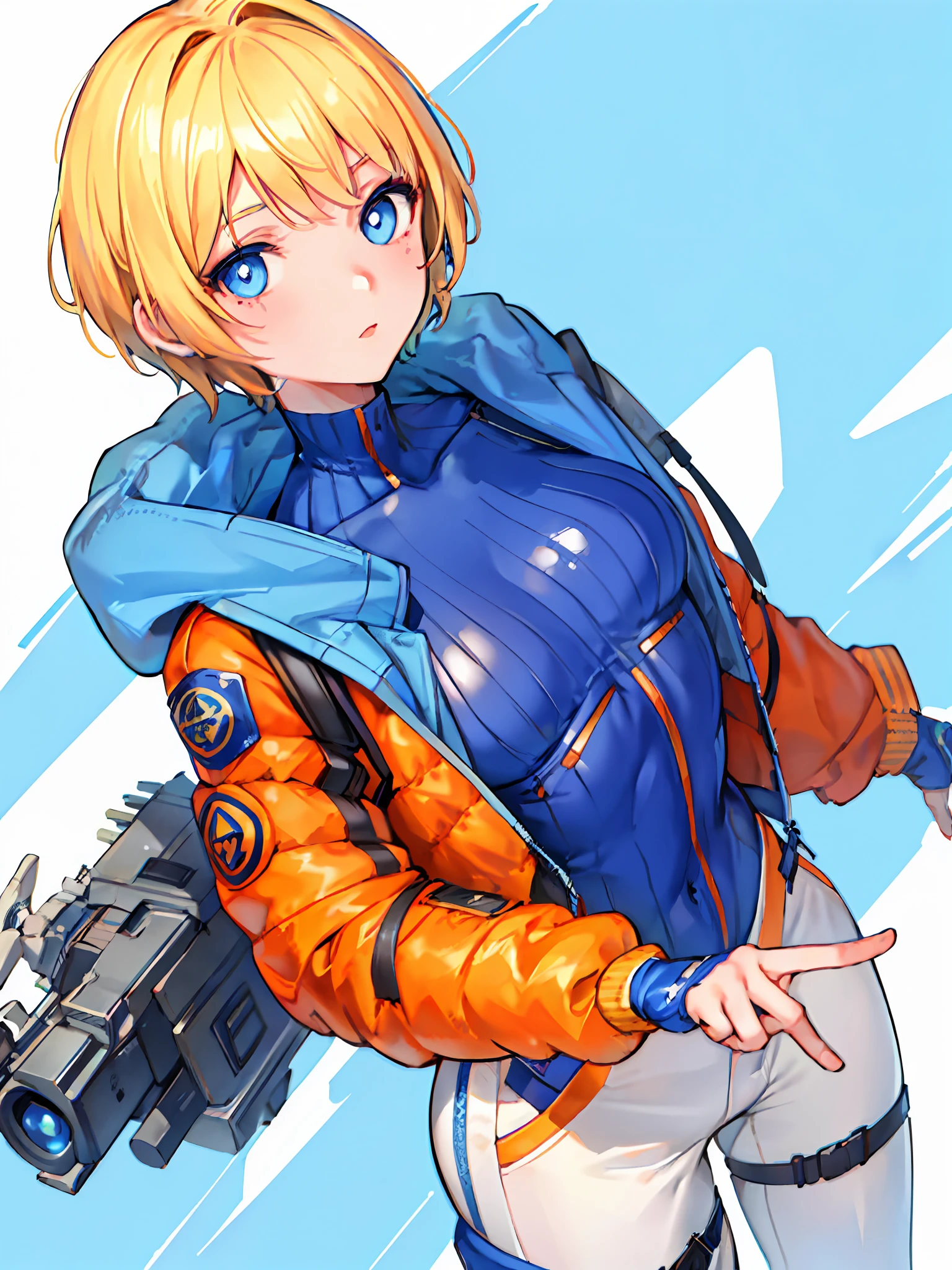 1girls, solo, wattson, masterpiece, highly detailed, blue eyes, detailed eyes, expressive detailed eyes, wide eyed, detailed pupils, blonde hair, short hair, orange jacket, jacket, blue shirt, blue top, blue skinsuit, white pants, blush, plain background