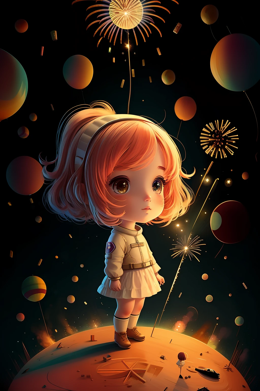 1 garota,Fogos de artifício aéreos, astronauta, aurora, via láctea, Festival,   chibi,  olhos de peixe, obras-primas, qualidade máxima, melhor qualidade, Arte oficial, bonito e estético, animação, 8K CRU,